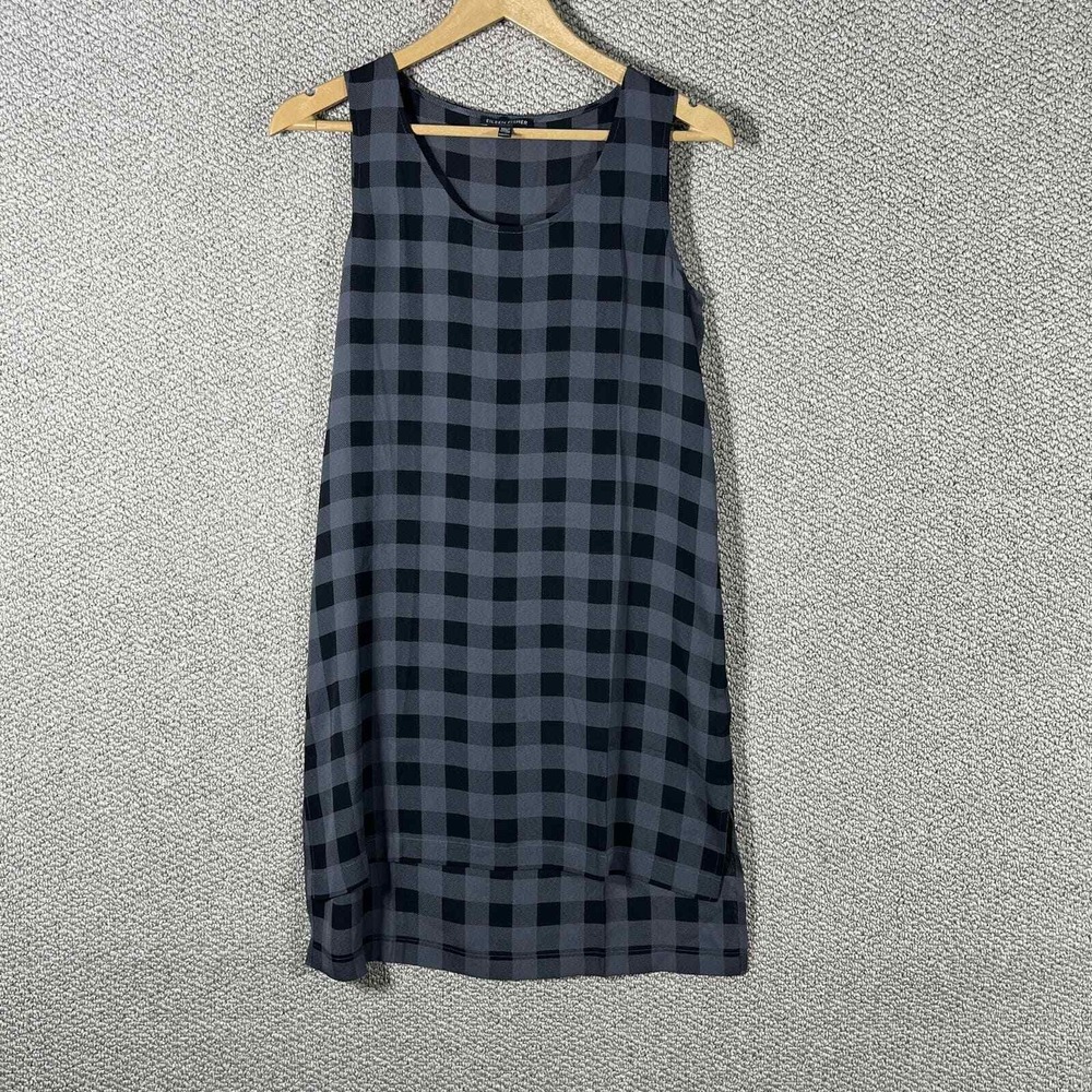 Eileen Fisher Silk‎ Tunic Tank Top Womens Size XXS Gray Black Buffalo Plaid